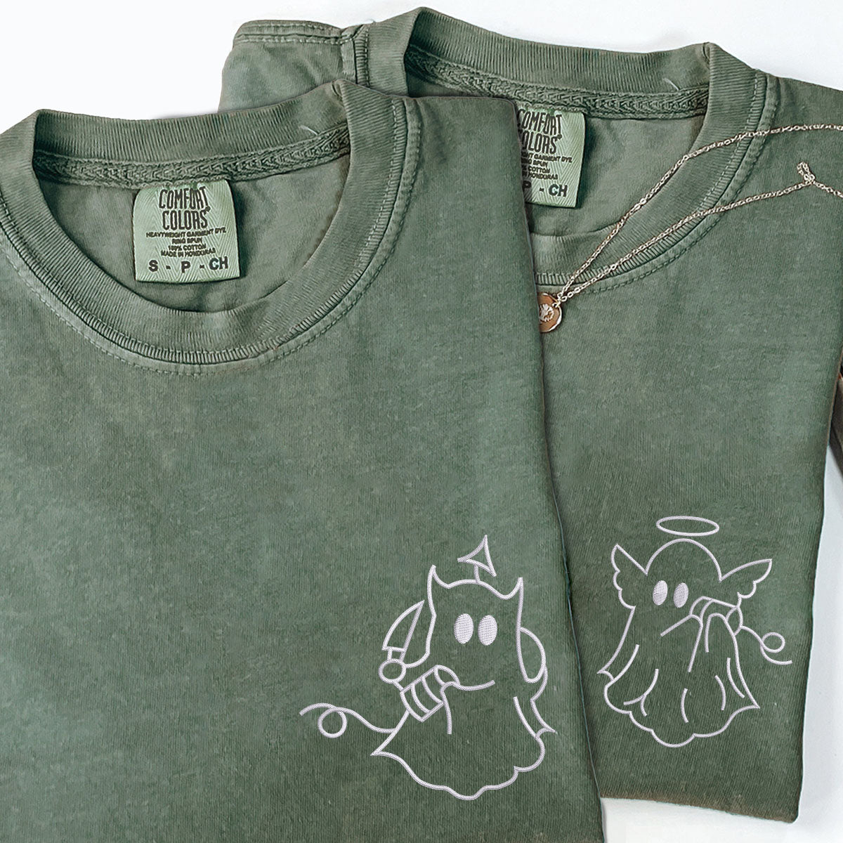 Custom Embroidered Angel Devil Ghost Matching T-shirts for Couples