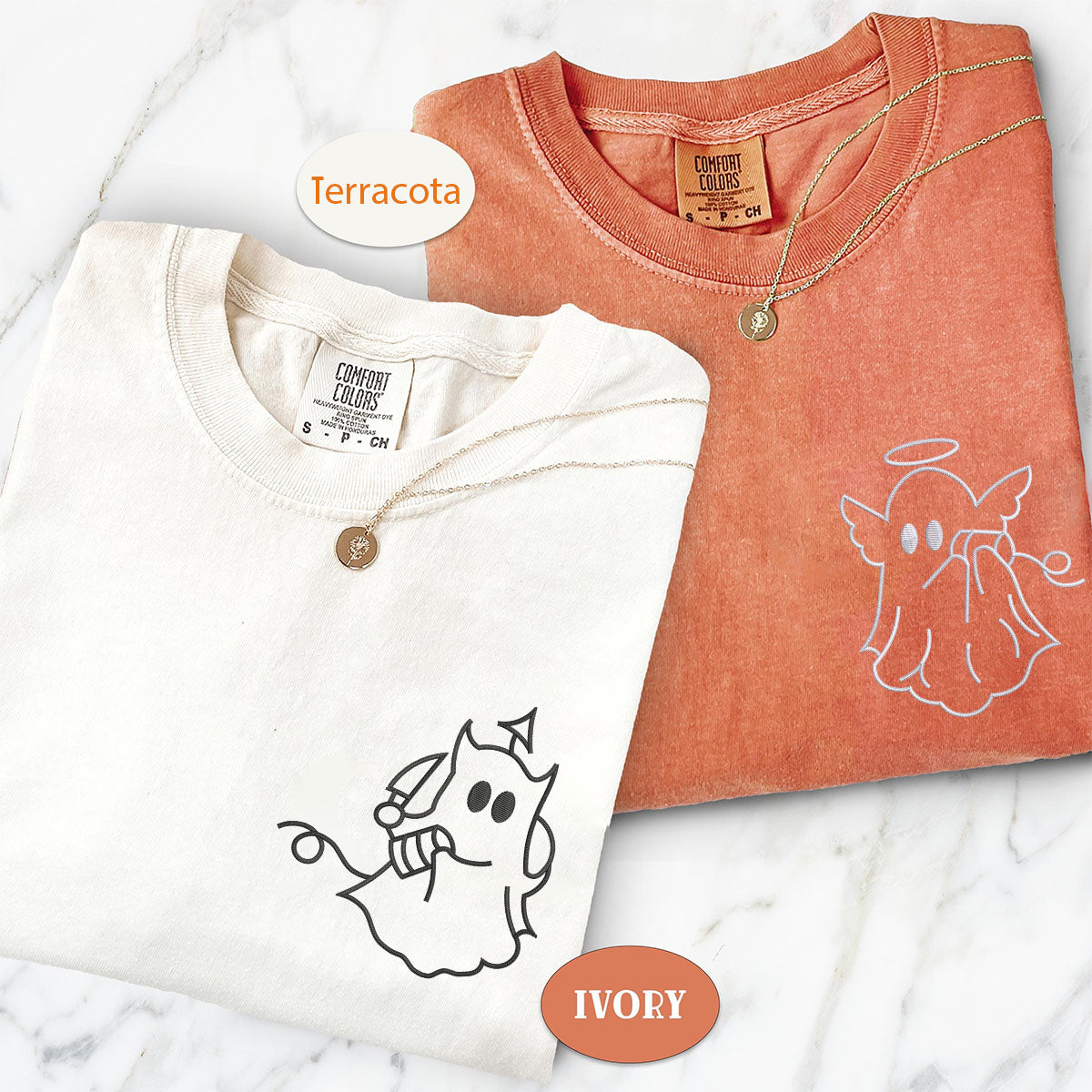 Custom Embroidered Angel Devil Ghost Matching T-shirts for Couples