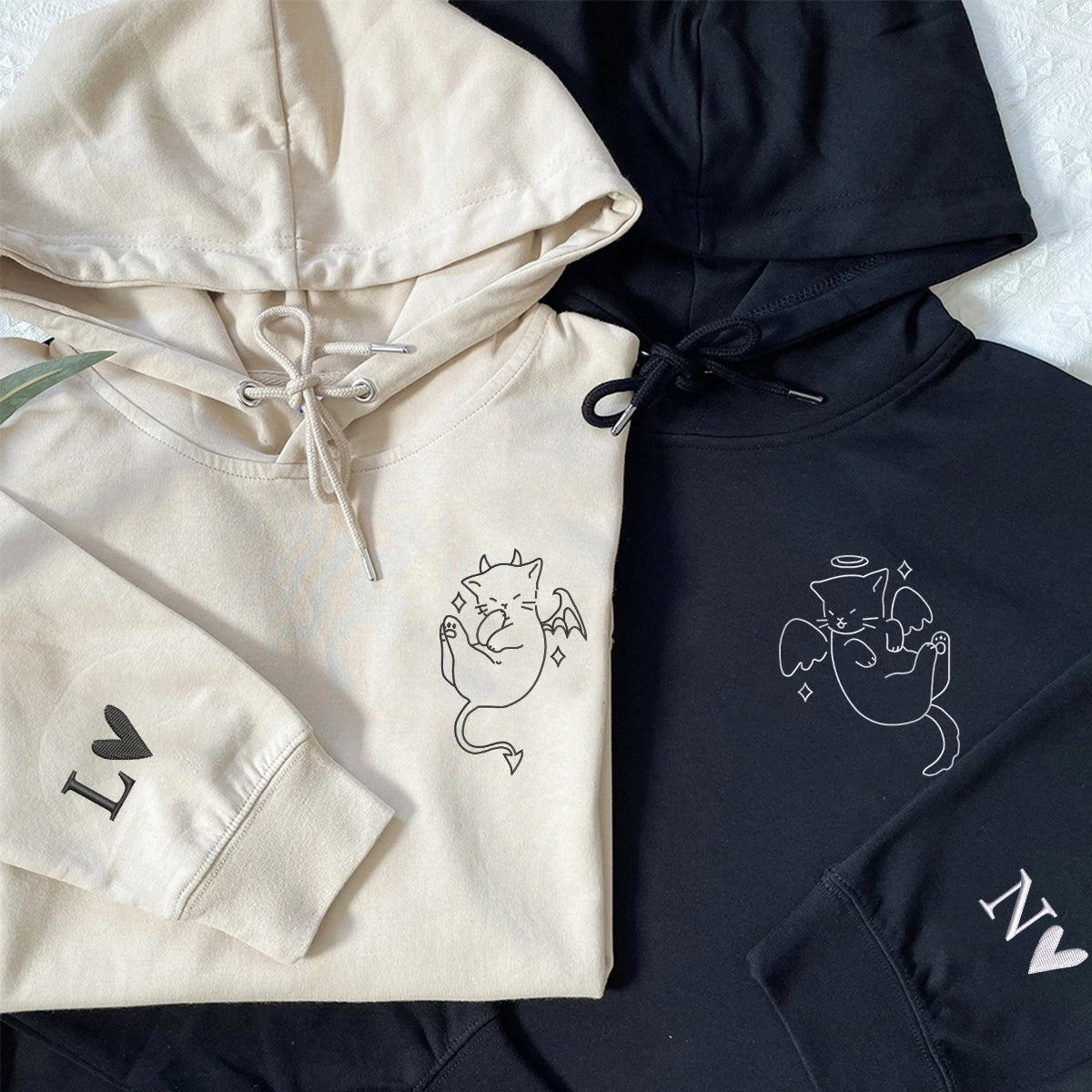 Custom Embroidered Angel and Demon Cat Matching Hoodies for Couples