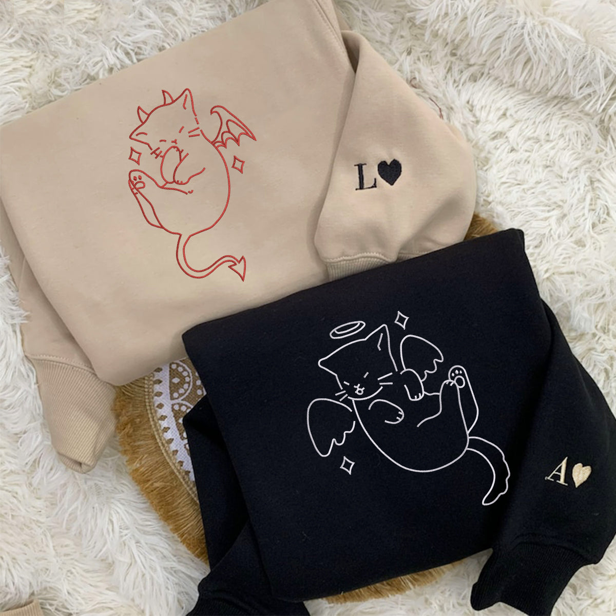 Individuell bestickte Engel- und Dämonenkatze-Kapuzenpullover für Paare