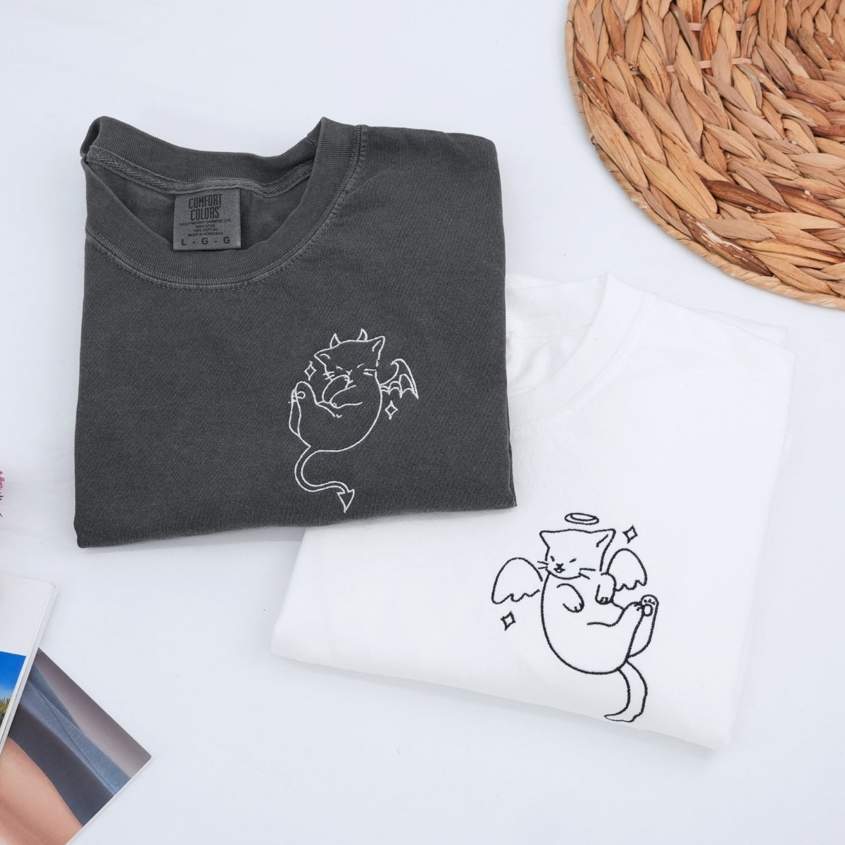 Custom Embroidered Angel and Demon Cat Matching T-shirts for Couples