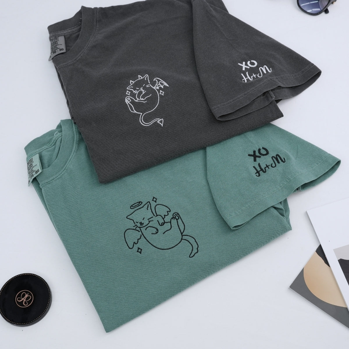 Custom Embroidered Angel and Demon Cat Matching T-shirts for Couples