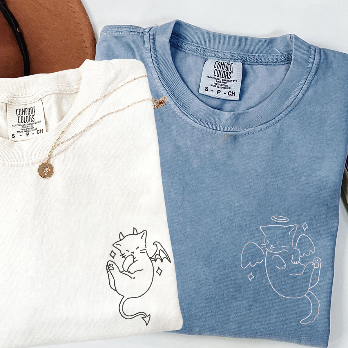 Individuell bestickte Engel und Dämon Katze passende T-Shirts für Paare