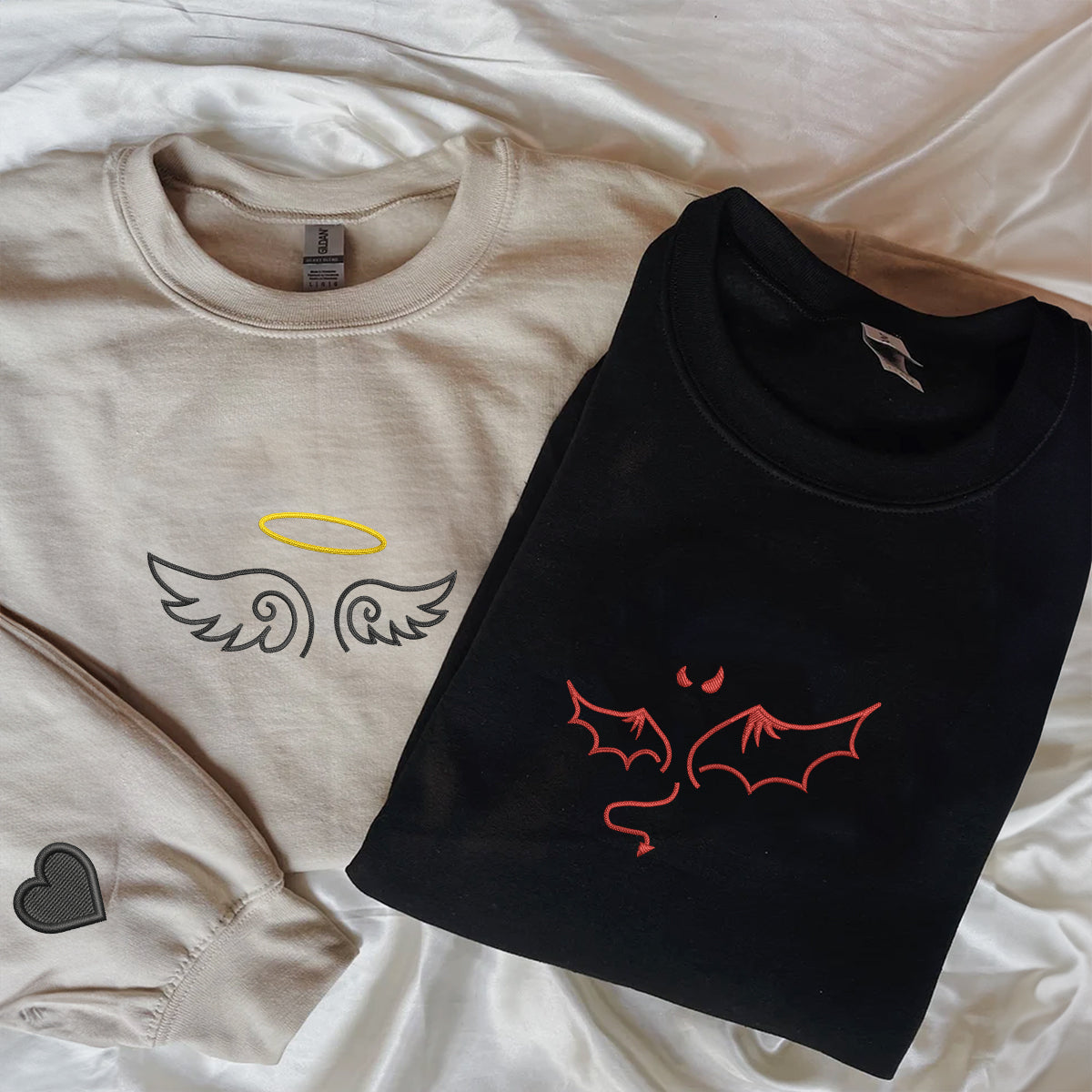 Individuell bestickte Engel- und Teufel-Kapuzenpullover für Paare