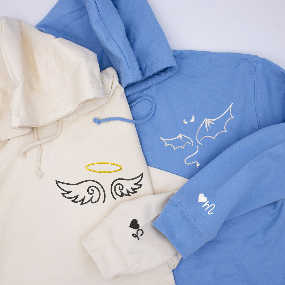 Individuell bestickte Engel- und Teufel-Kapuzenpullover für Paare