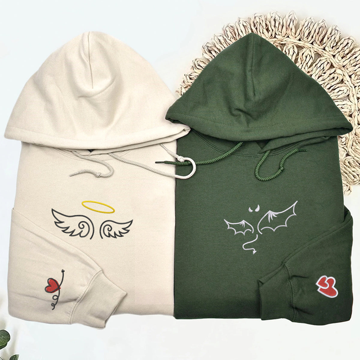 Custom Embroidered Angel and Devil Matching Hoodies for Couples