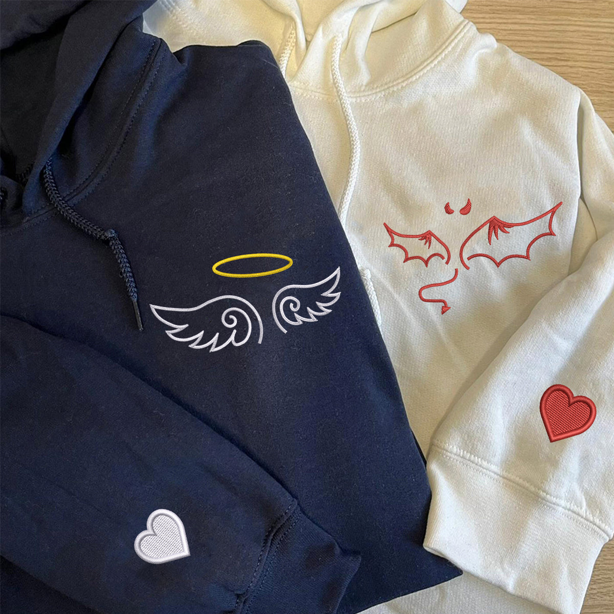 Individuell bestickte Engel- und Teufel-Kapuzenpullover für Paare