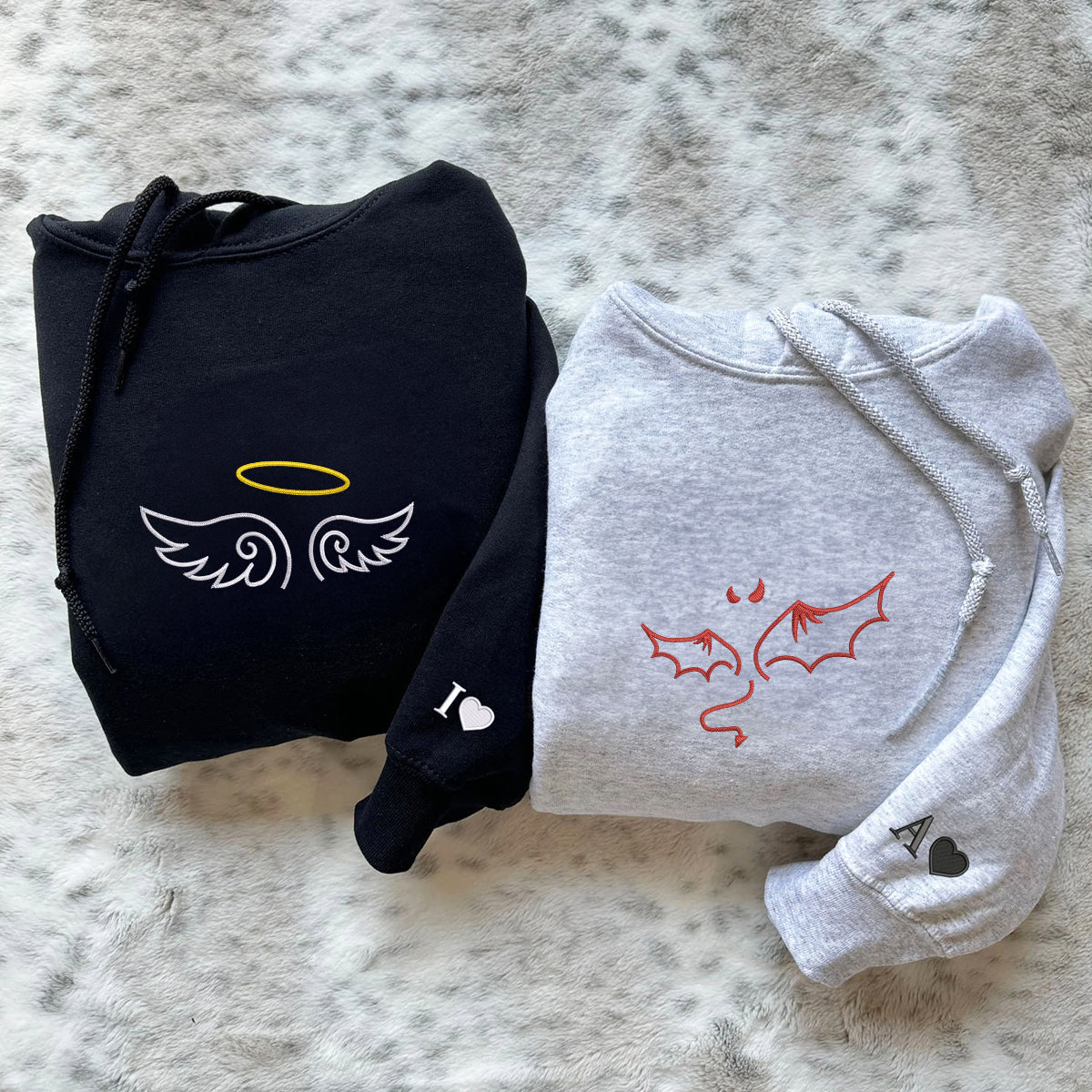 Individuell bestickte Engel- und Teufel-Kapuzenpullover für Paare