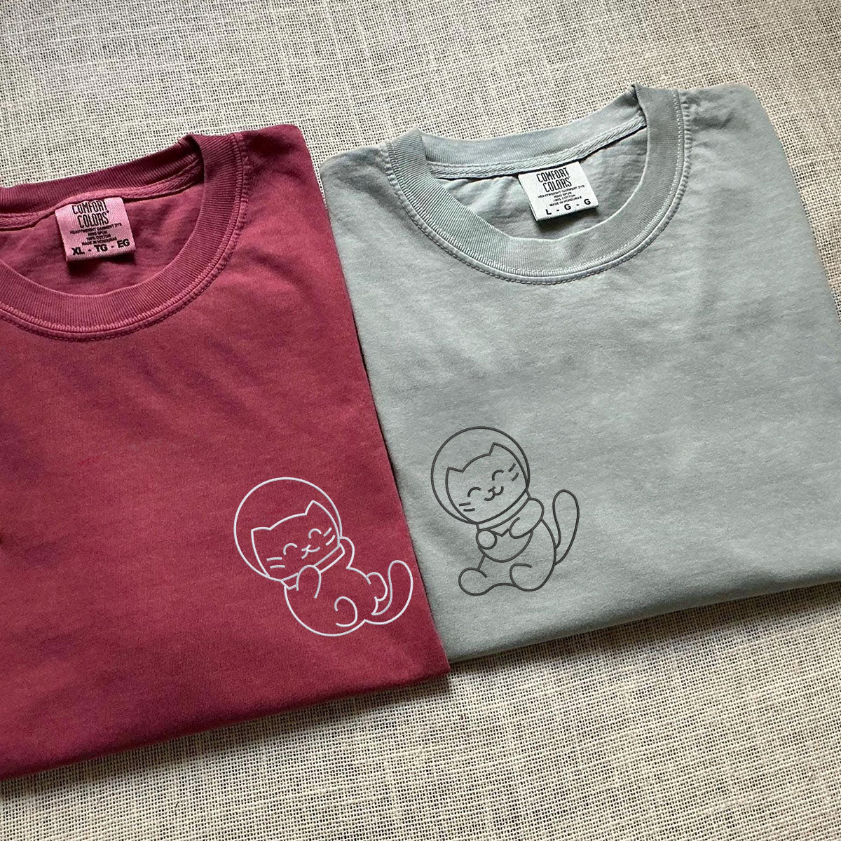 Custom Embroidered Astronaut Kitties Matching T-shirts for Couples