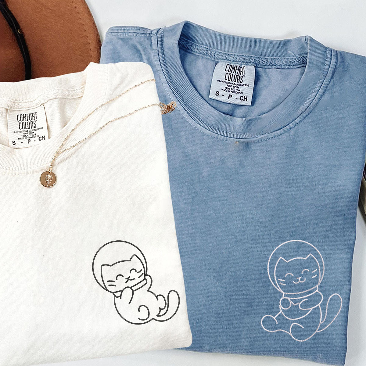 Custom Embroidered Astronaut Kitties Matching T-shirts for Couples