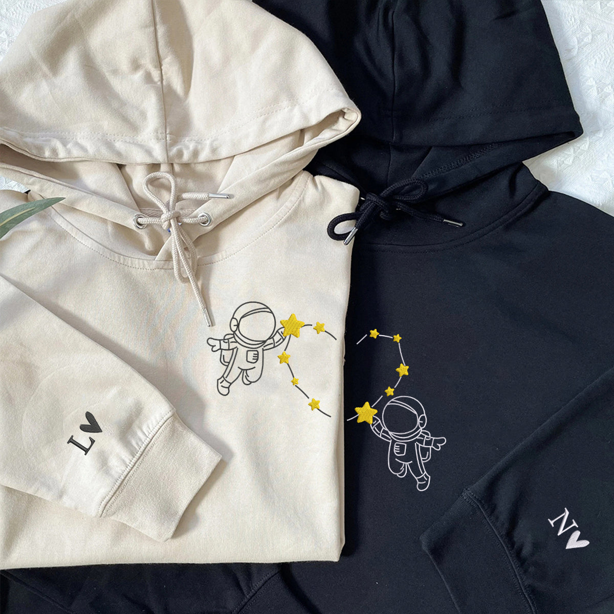Custom Embroidered Astronaut with Star Heart Matching Hoodies for Couples