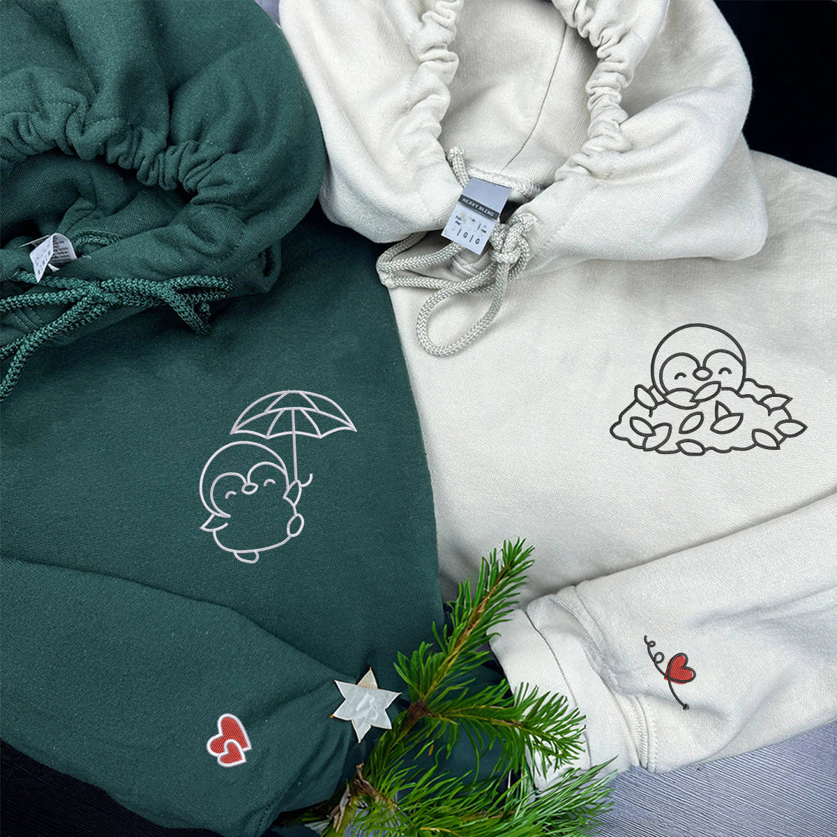 Custom Embroidered Autumn Penguin Matching Hoodies for Couples