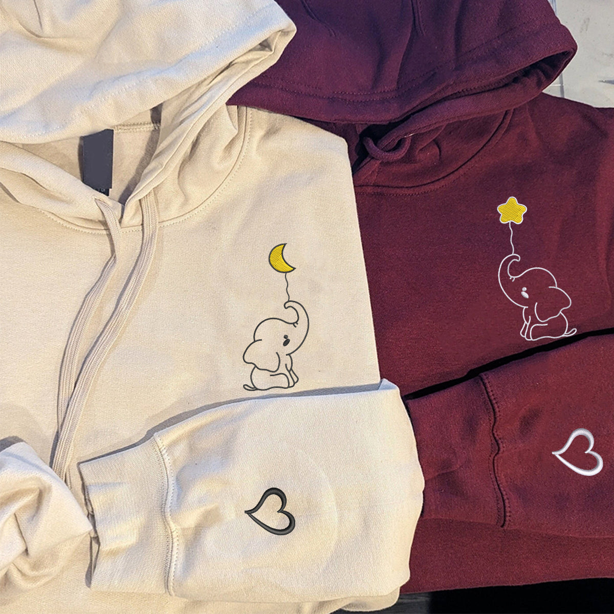 Individuell bestickte Baby-Elefanten-Kapuzenpullover für Paare