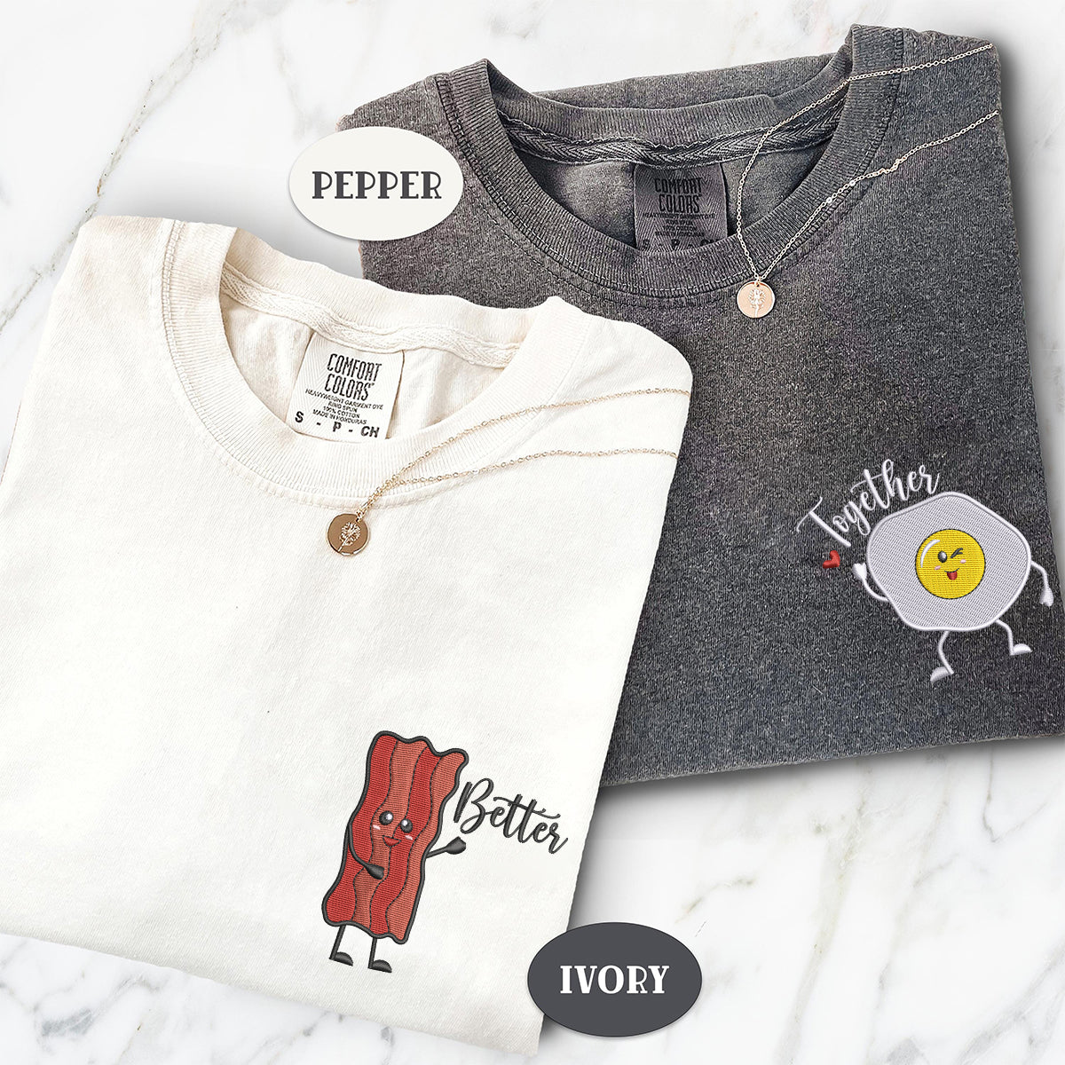 T-shirts assortis personnalisés brodés bacon et œuf pour couples