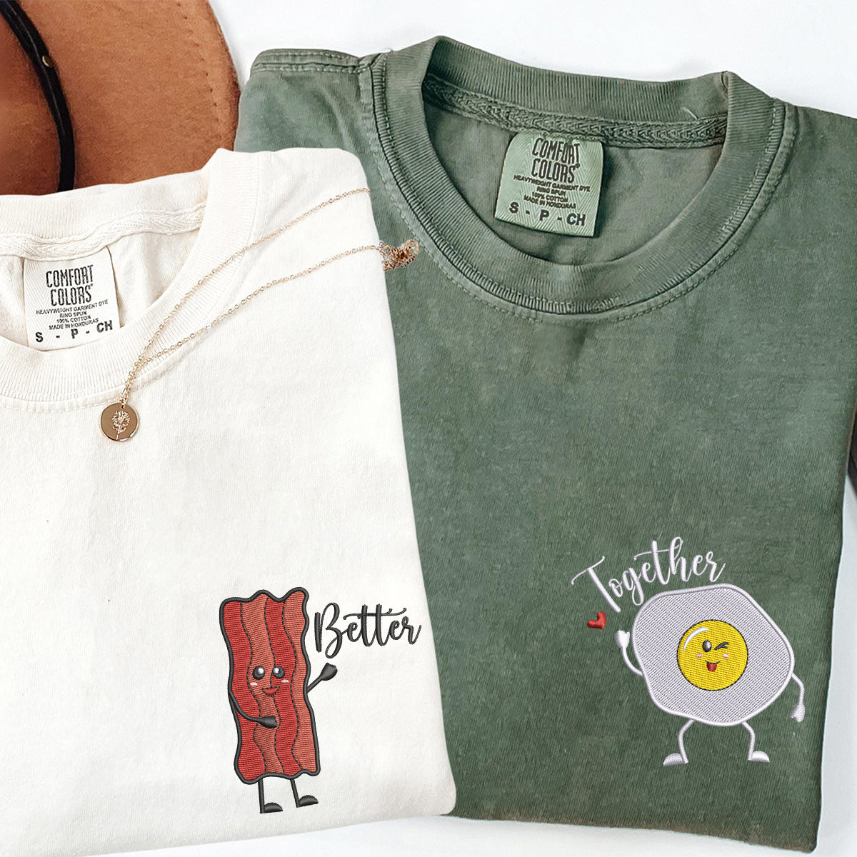 Custom Embroidered Bacon And Egg Matching T-shirts for Couples