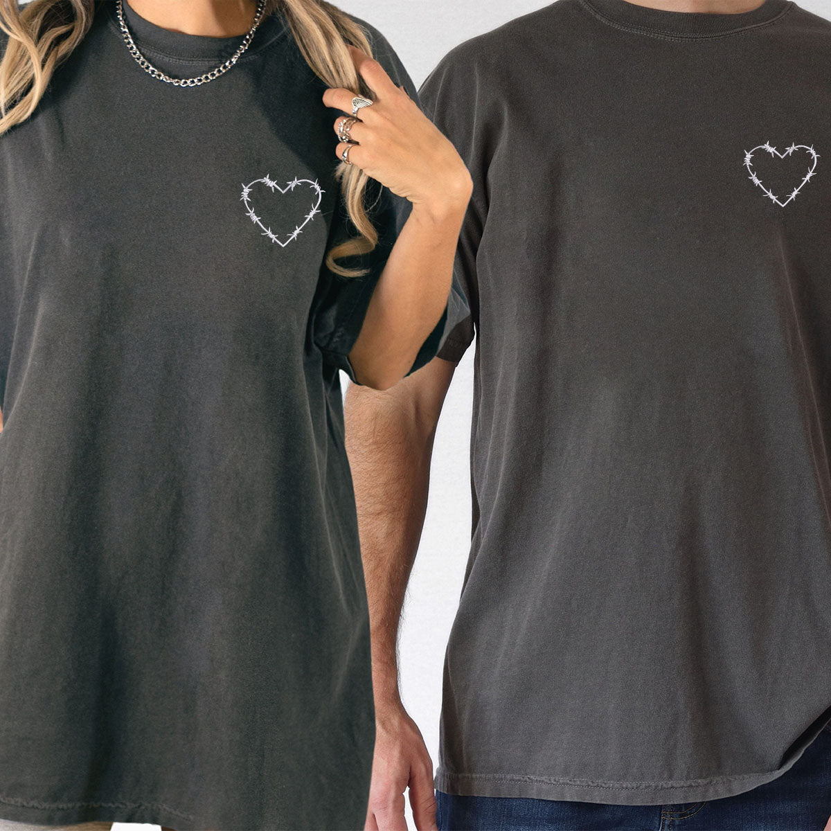 Custom Embroidered Barbwire Heart Matching T-shirts for Couples