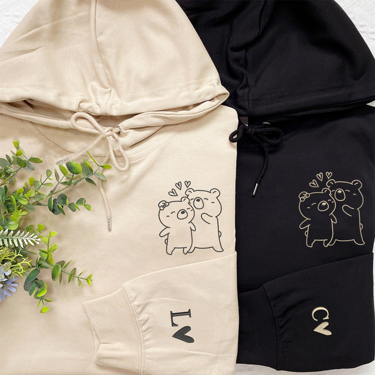 Custom Embroidered Bear Hug Matching Hoodies for Couples