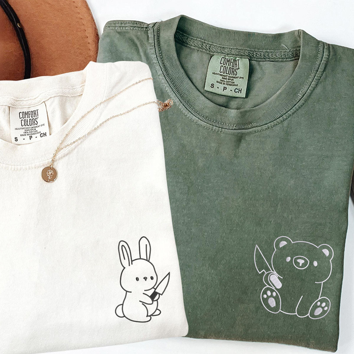 Custom Embroidered Bear and Rabbit Matching T-shirts for Couples