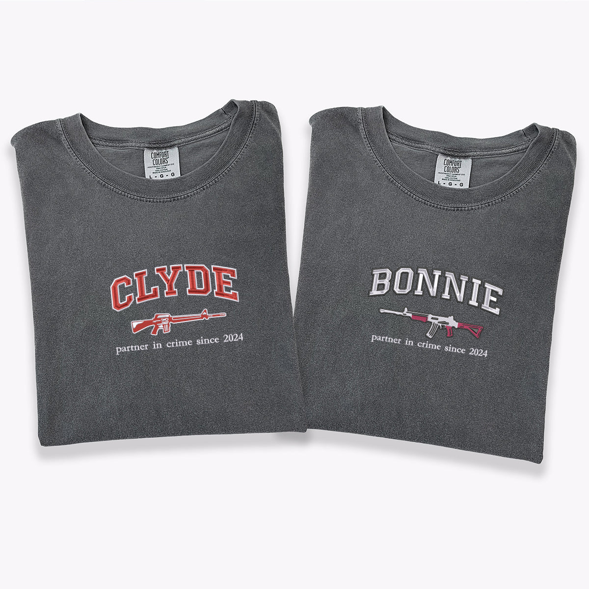 Custom Embroidered Bonnie and Clyde Matching T-shirts for Couples