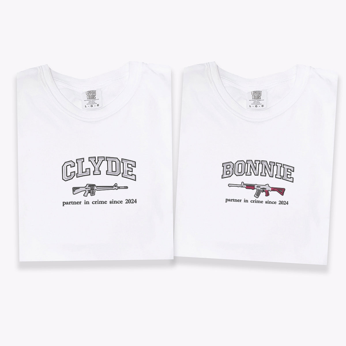 Custom Embroidered Bonnie and Clyde Matching T-shirts for Couples