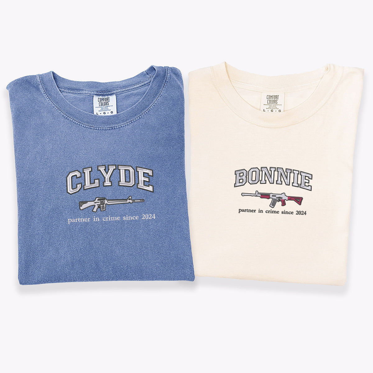Custom Embroidered Bonnie and Clyde Matching T-shirts for Couples