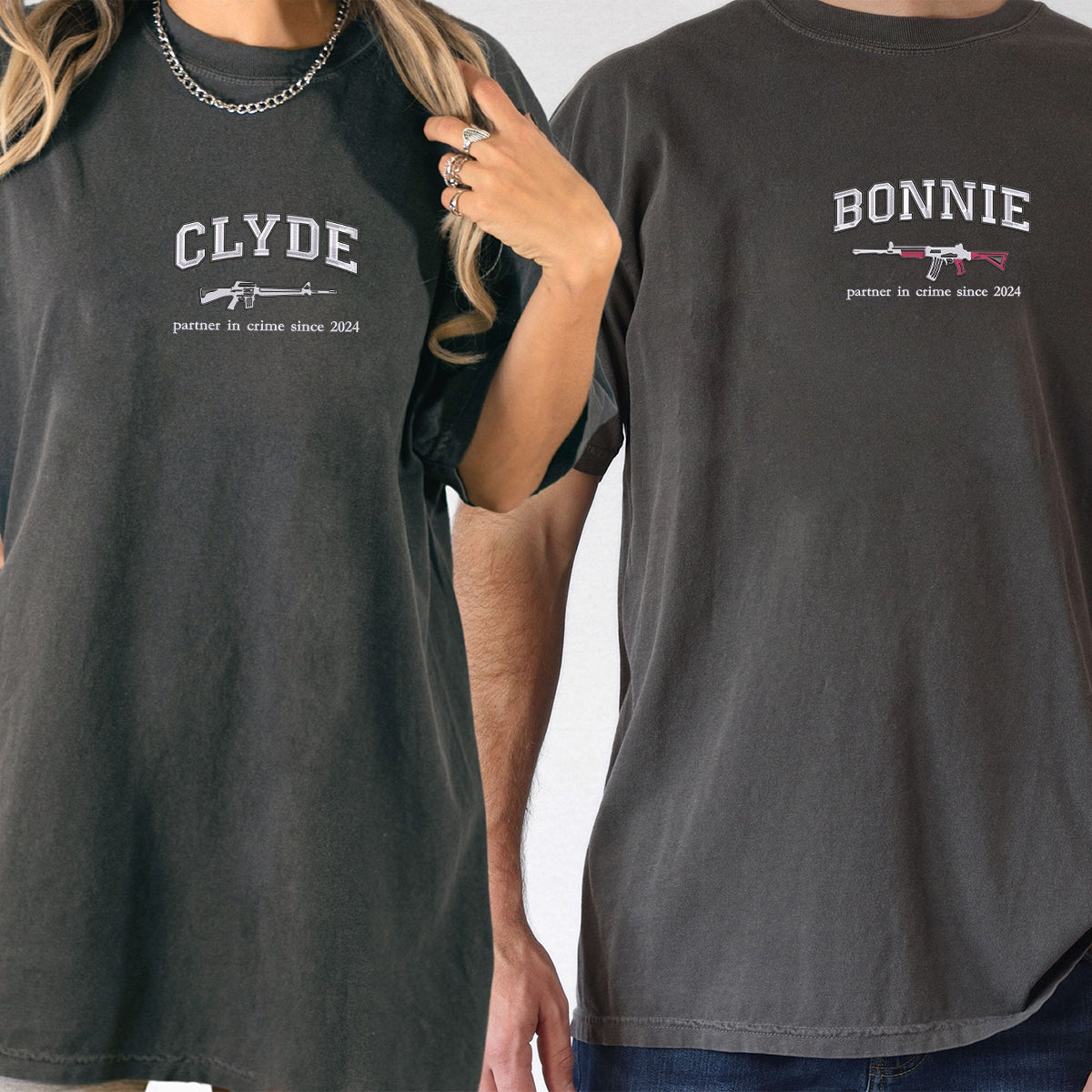 Custom Embroidered Bonnie and Clyde Matching T-shirts for Couples