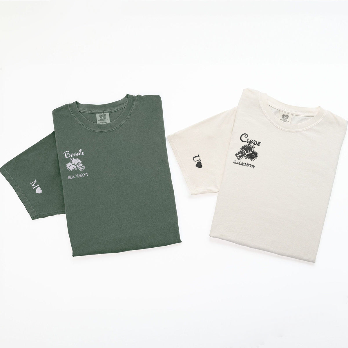 Custom Embroidered Bonnie and Clyde Roman Numerals Matching T-shirts for Couples