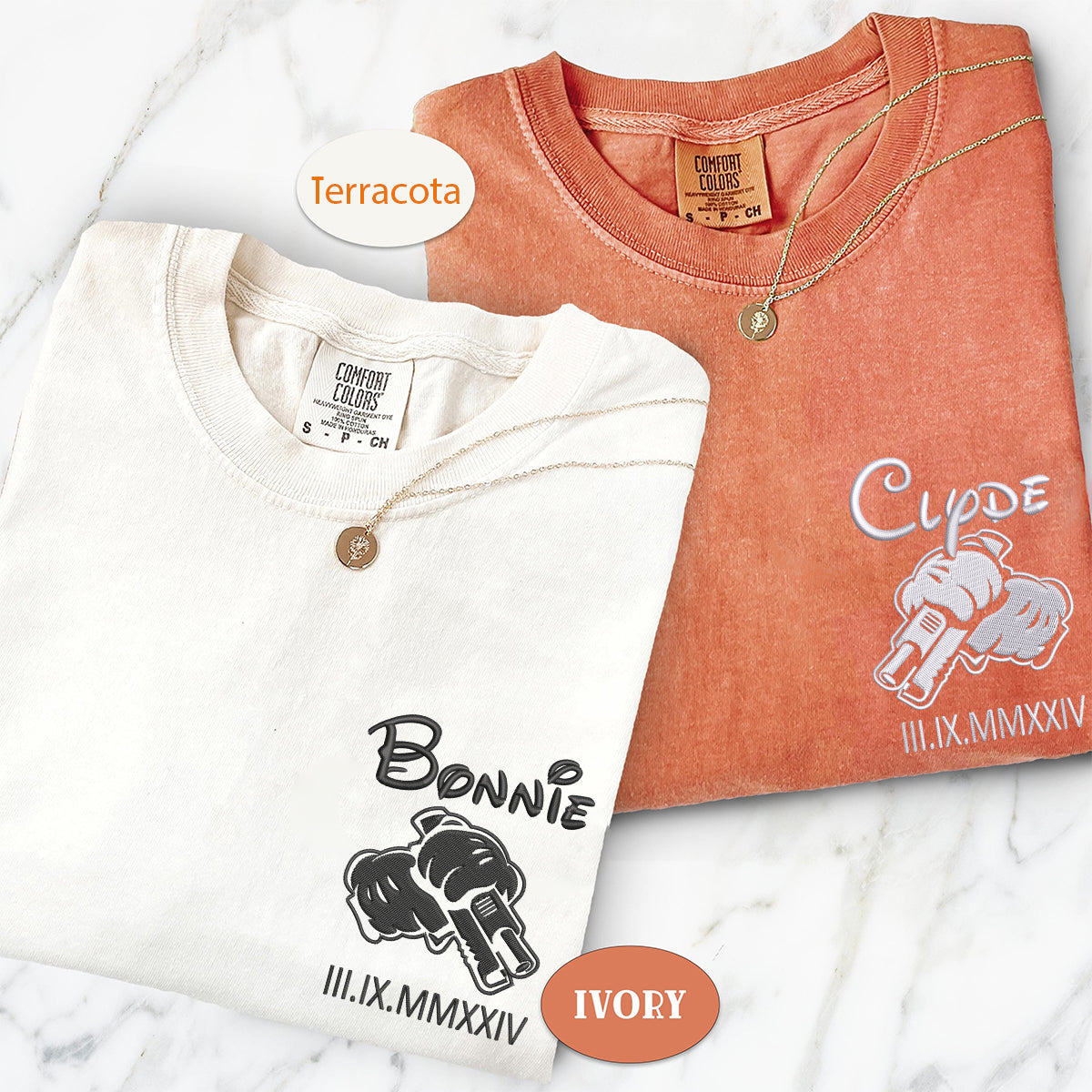 Custom Embroidered Bonnie and Clyde Roman Numerals Matching T-shirts for Couples