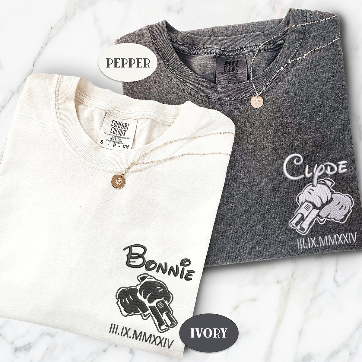 Custom Embroidered Bonnie and Clyde Roman Numerals Matching T-shirts for Couples