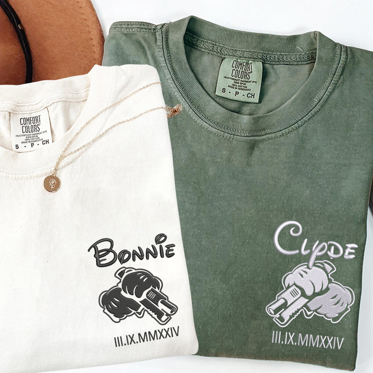 Custom Embroidered Bonnie and Clyde Roman Numerals Matching T-shirts for Couples