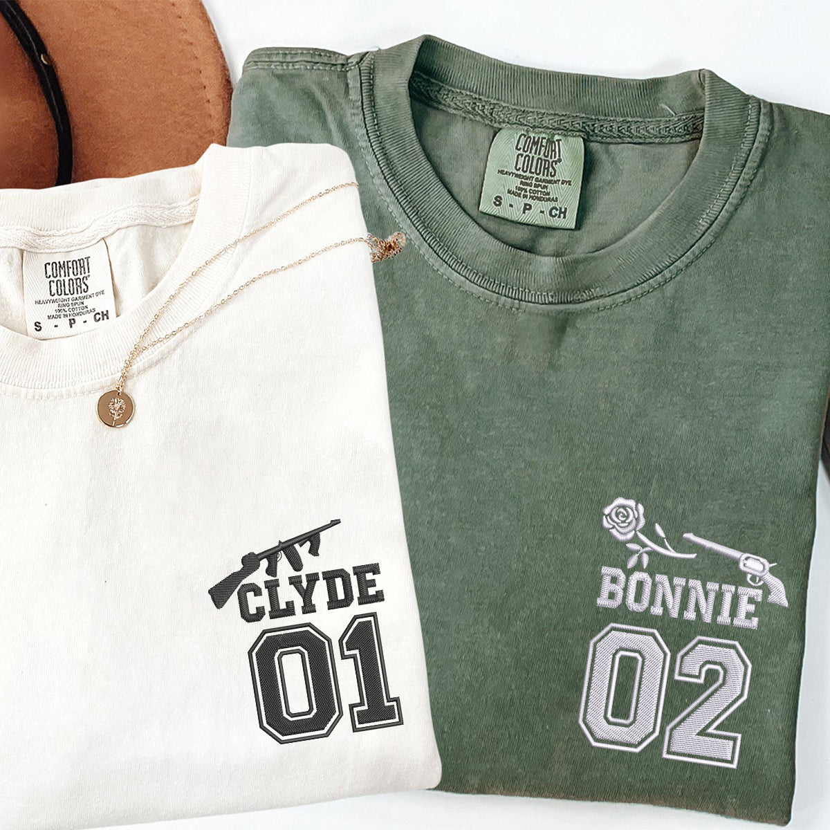 Custom Embroidered Bonnie and Clyde Varsity Matching T-shirts for Couples