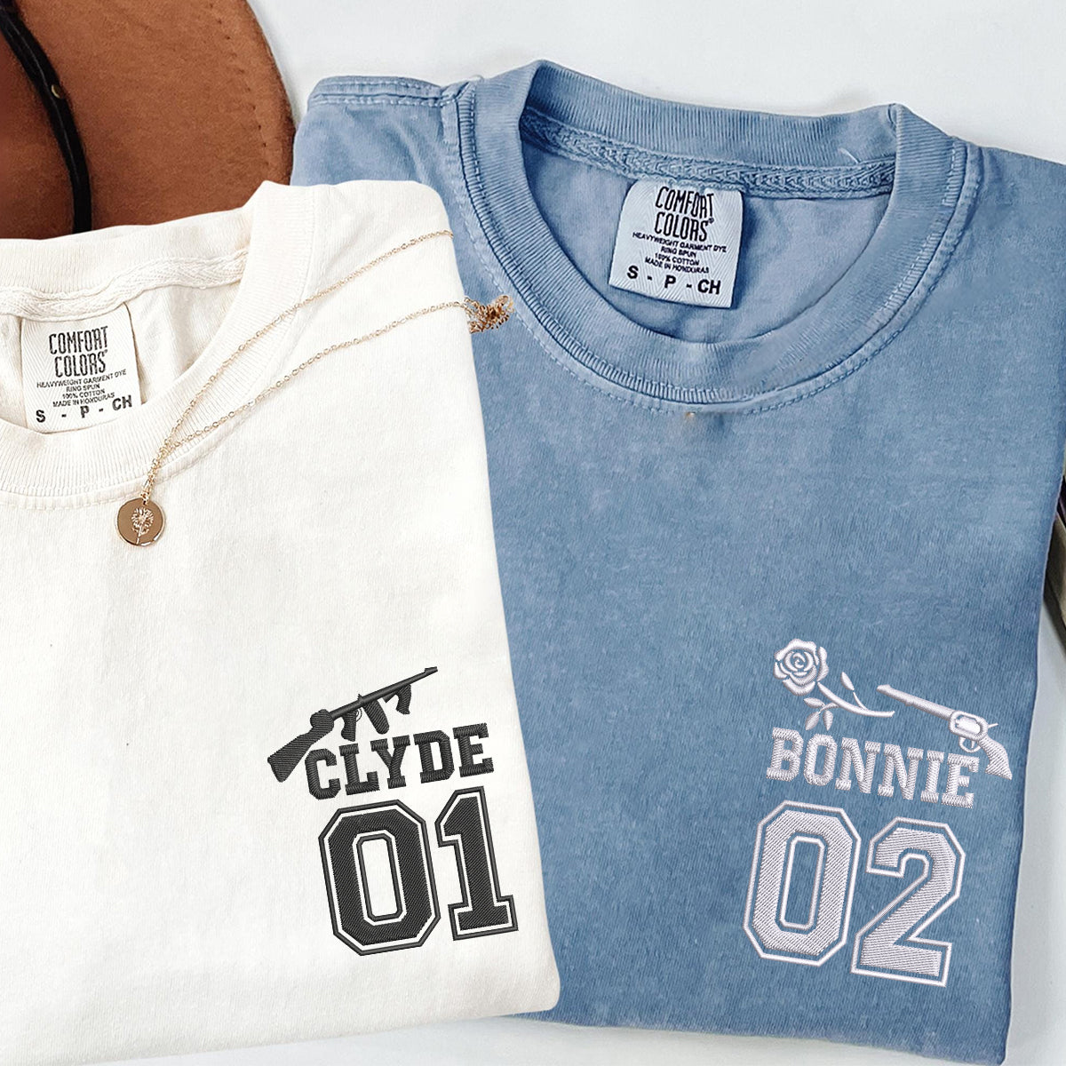 Custom Embroidered Bonnie and Clyde Varsity Matching T-shirts for Couples