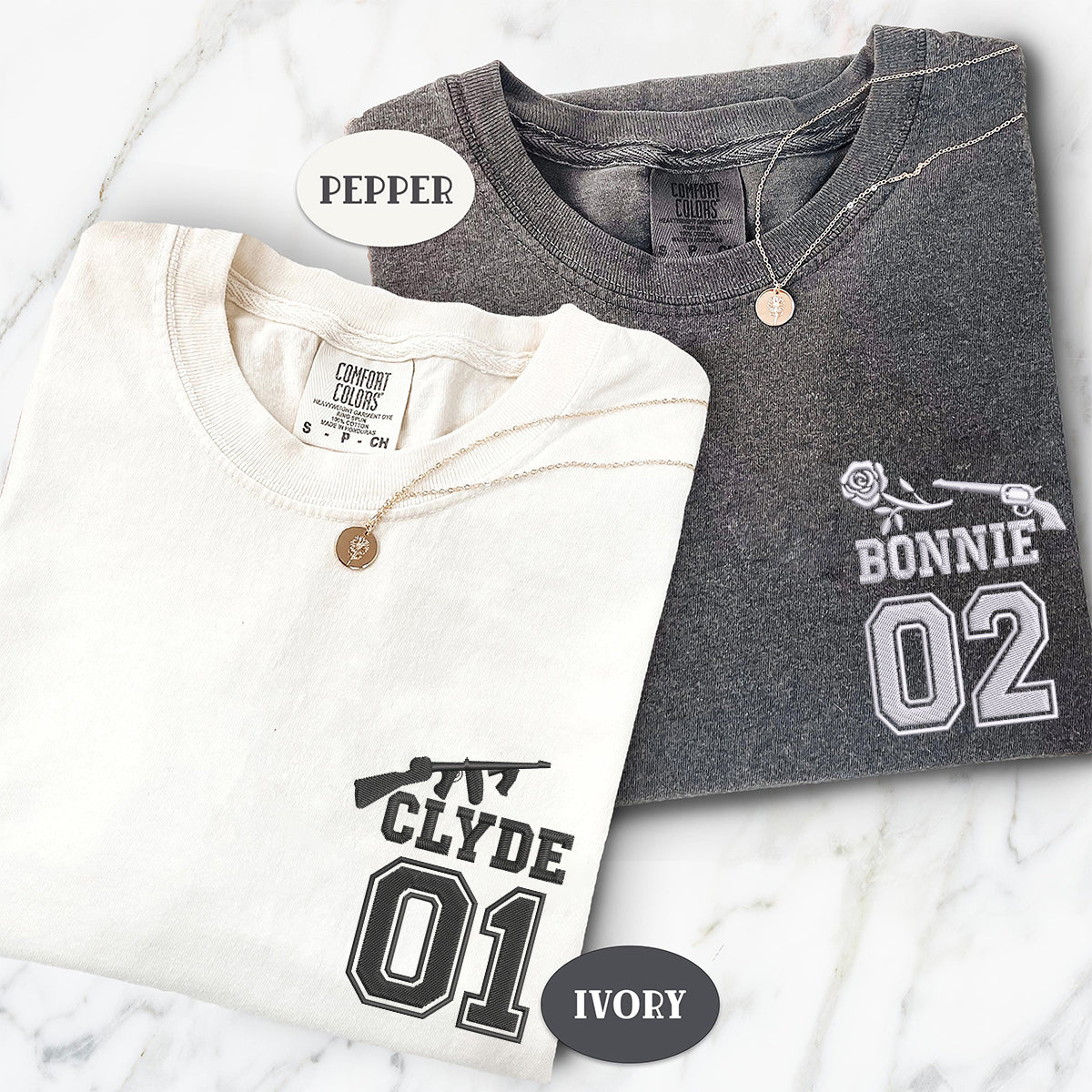 Custom Embroidered Bonnie and Clyde Varsity Matching T-shirts for Couples