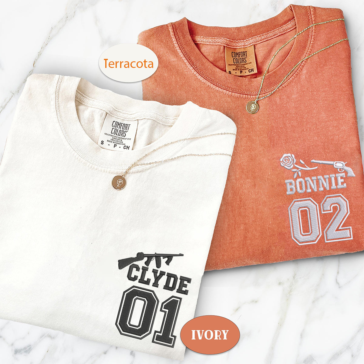 Custom Embroidered Bonnie and Clyde Varsity Matching T-shirts for Couples