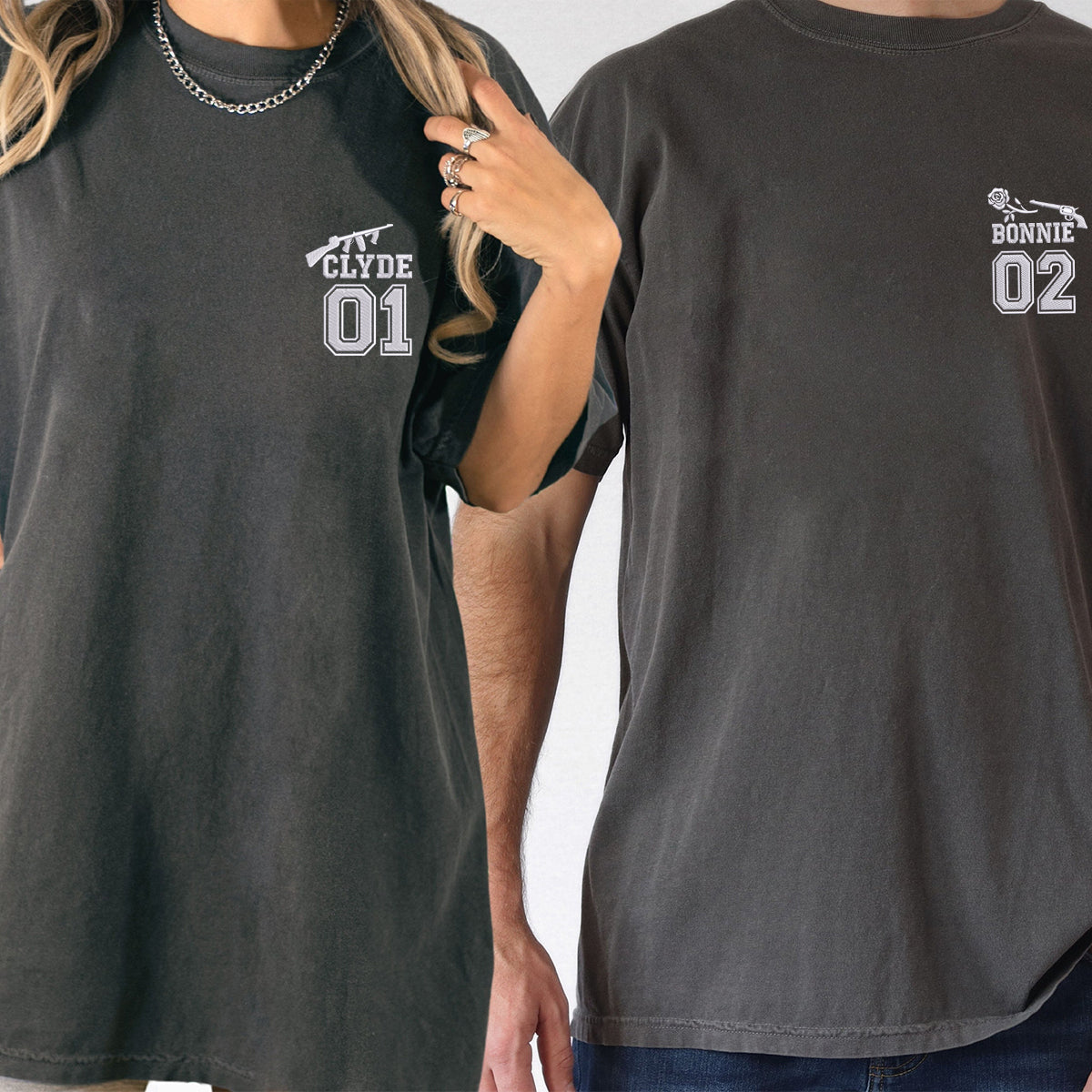 Custom Embroidered Bonnie and Clyde Varsity Matching T-shirts for Couples