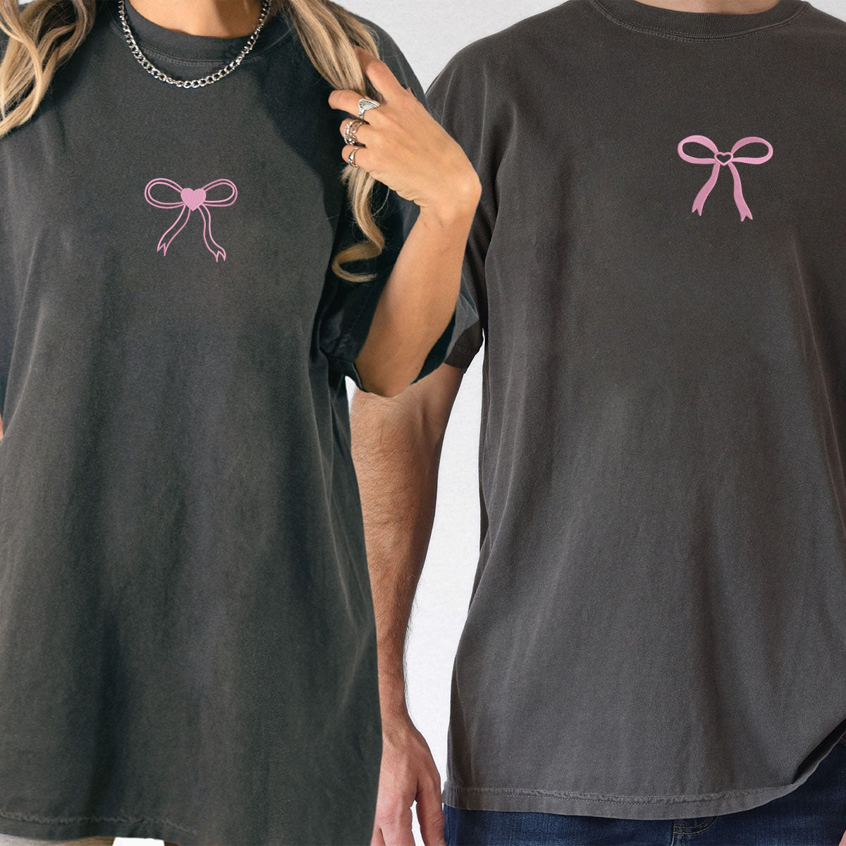 Custom Embroidered Bow Ribbon Heart Matching T-shirts for Couples