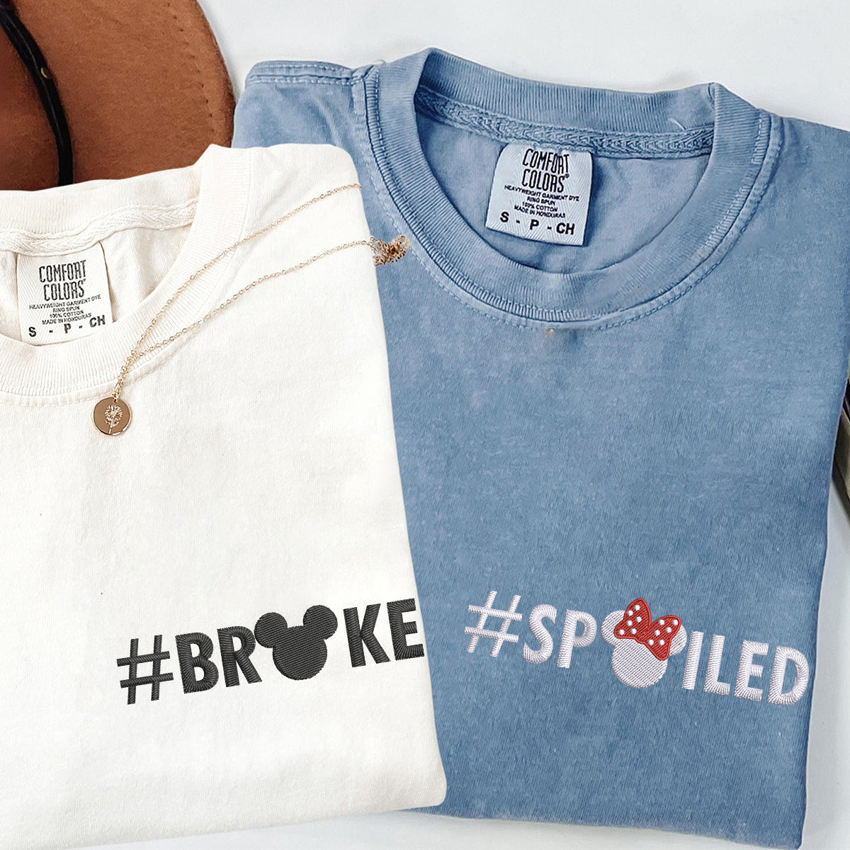 Custom Embroidered Broke x Spoiled Matching T-shirts for Couples