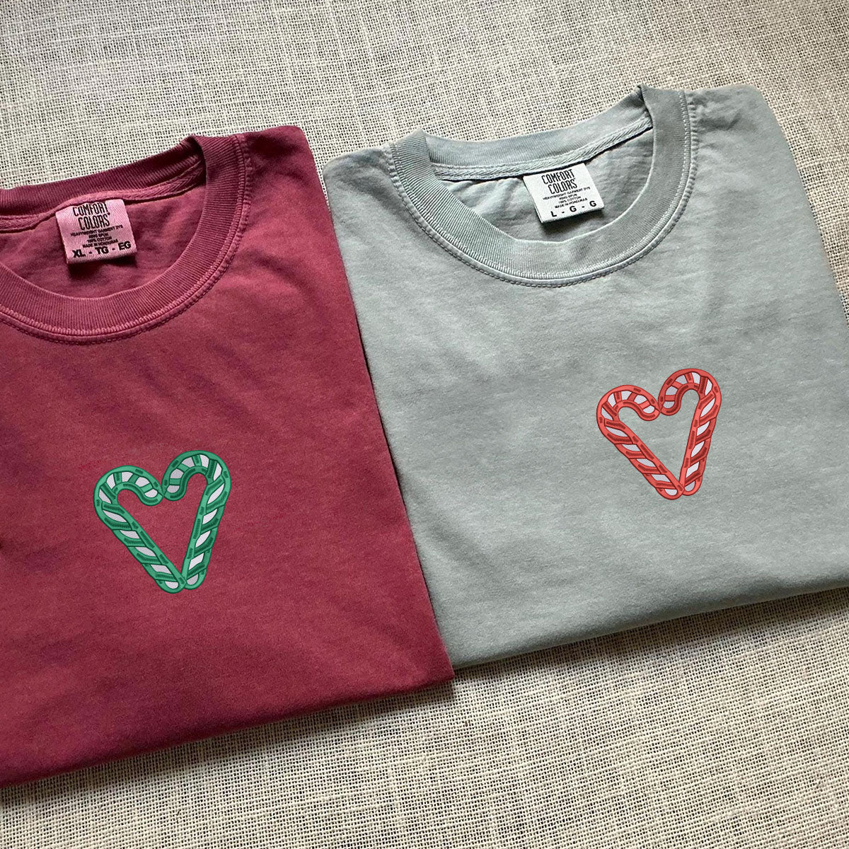 Custom Embroidered Candy Cane Matching T-shirts for Couples