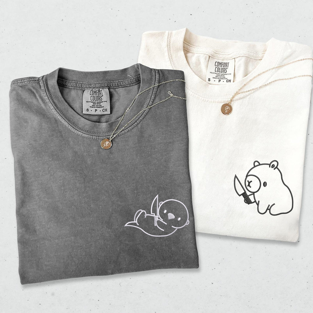 Custom Embroidered Capybara and Otter Matching T-shirts for Couples
