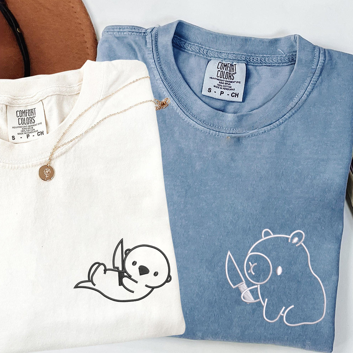 Custom Embroidered Capybara and Otter Matching T-shirts for Couples