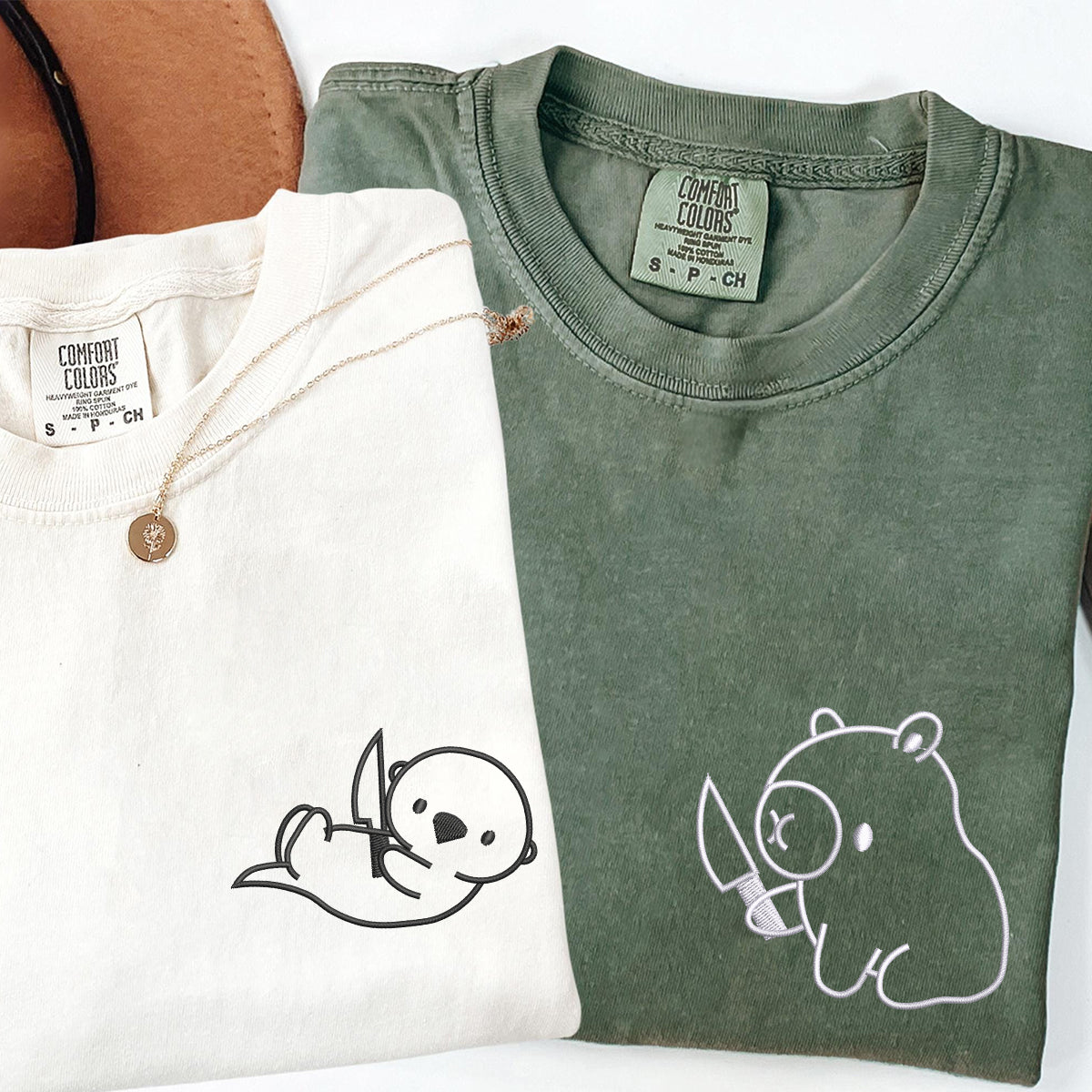 Custom Embroidered Capybara and Otter Matching T-shirts for Couples