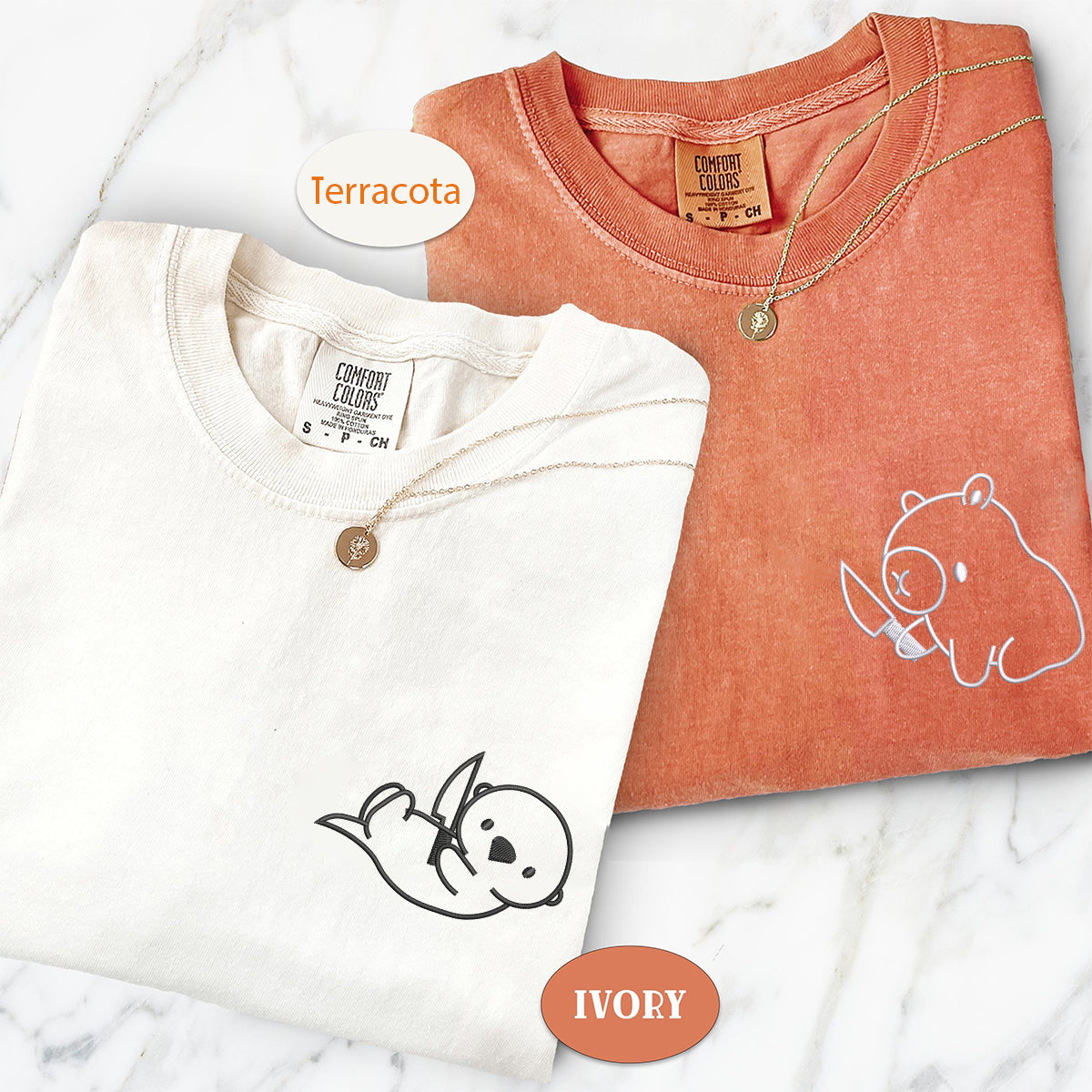 Custom Embroidered Capybara and Otter Matching T-shirts for Couples