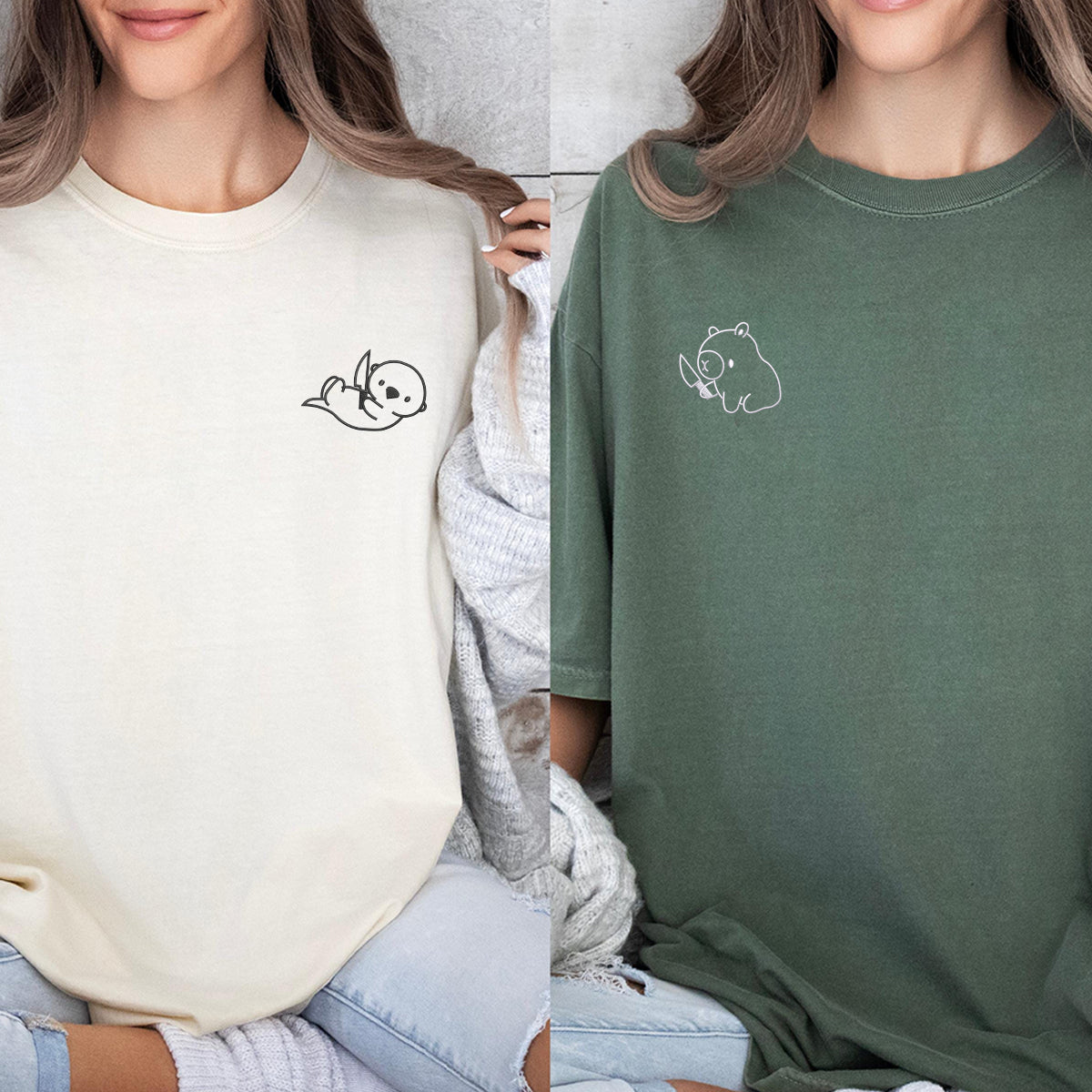 Custom Embroidered Capybara and Otter Matching T-shirts for Couples