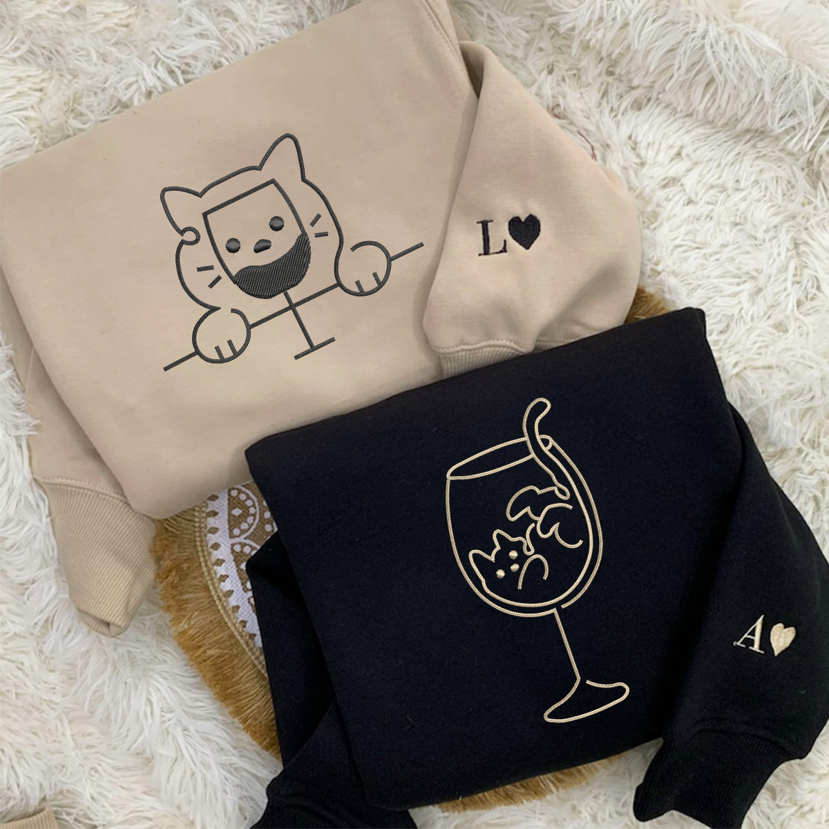 Individuell bestickte Katzen-Trinkgläser, passende Hoodies für Paare