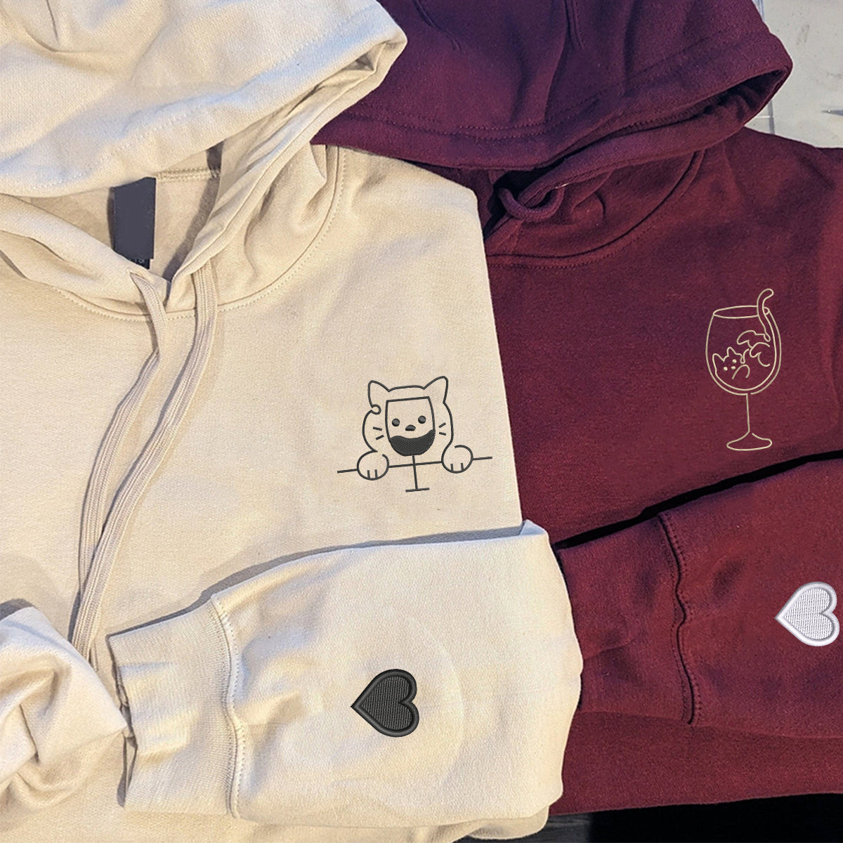 Individuell bestickte Katzen-Trinkgläser, passende Hoodies für Paare