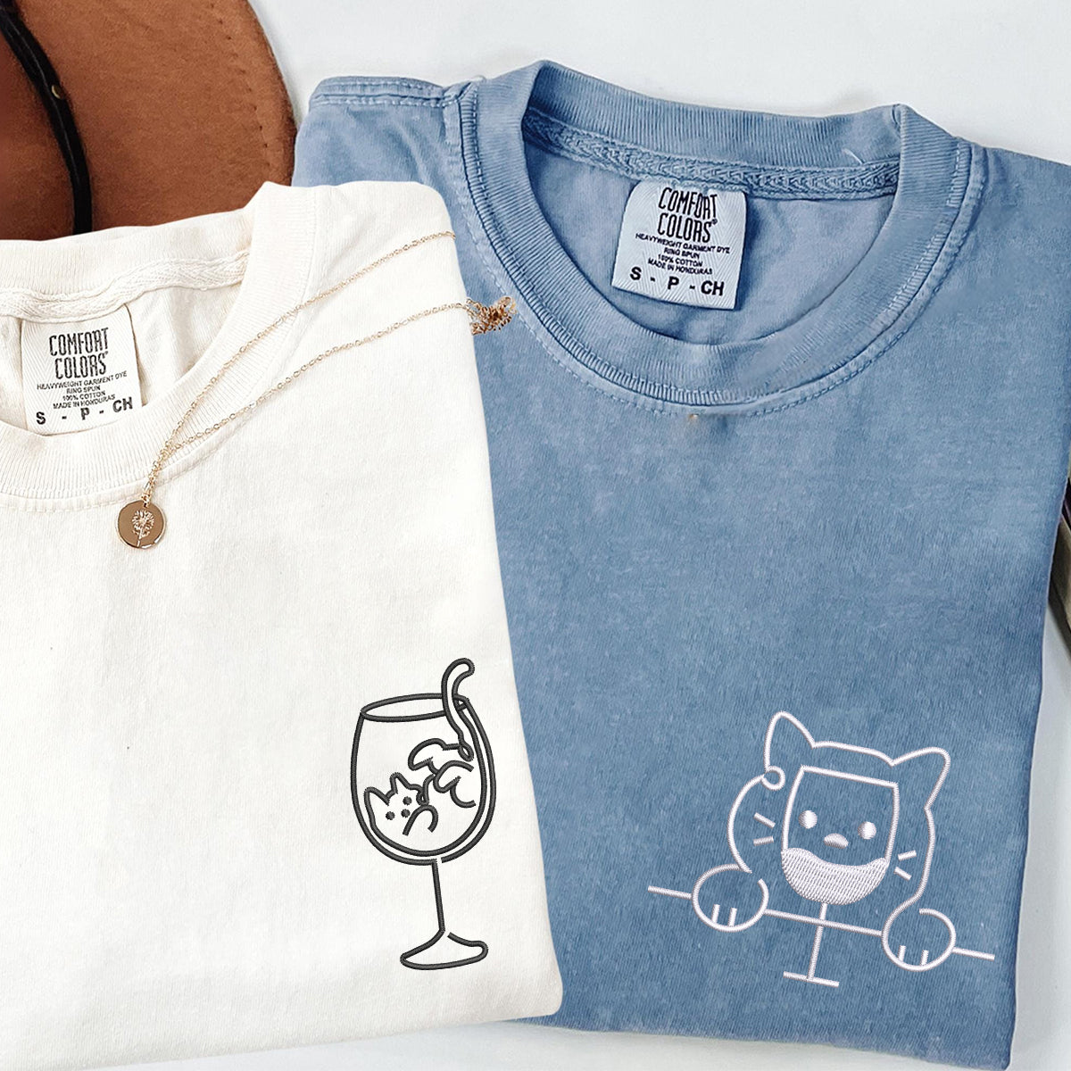 Custom Embroidered Cat Drinking Glasses Matching T-shirts for Couples