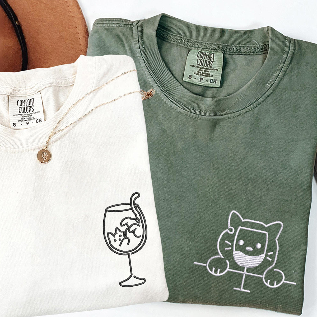 Custom Embroidered Cat Drinking Glasses Matching T-shirts for Couples