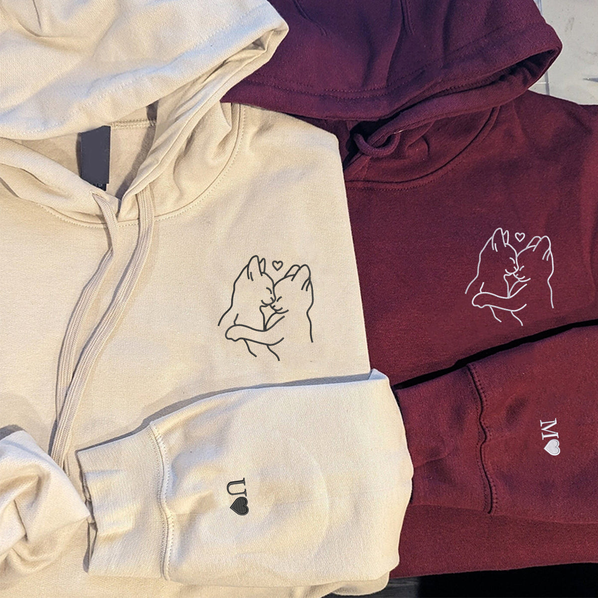 Individuell bestickte Engel- und Dämonenkatze-Kapuzenpullover für Paare