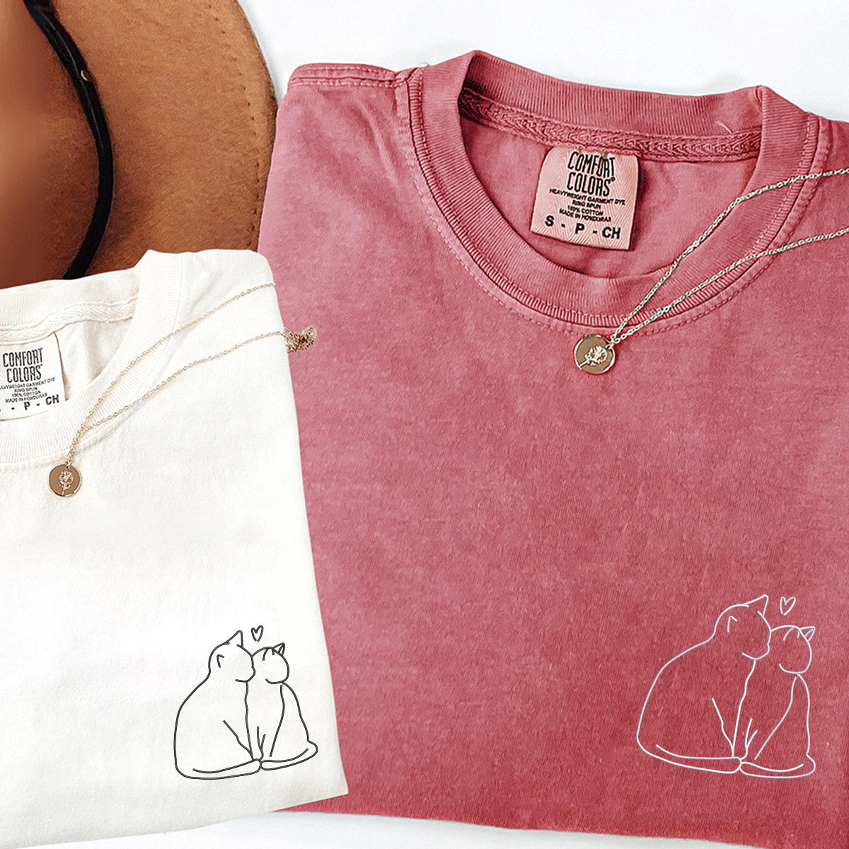Custom Embroidered Cat Love Matching T-shirts for Couples