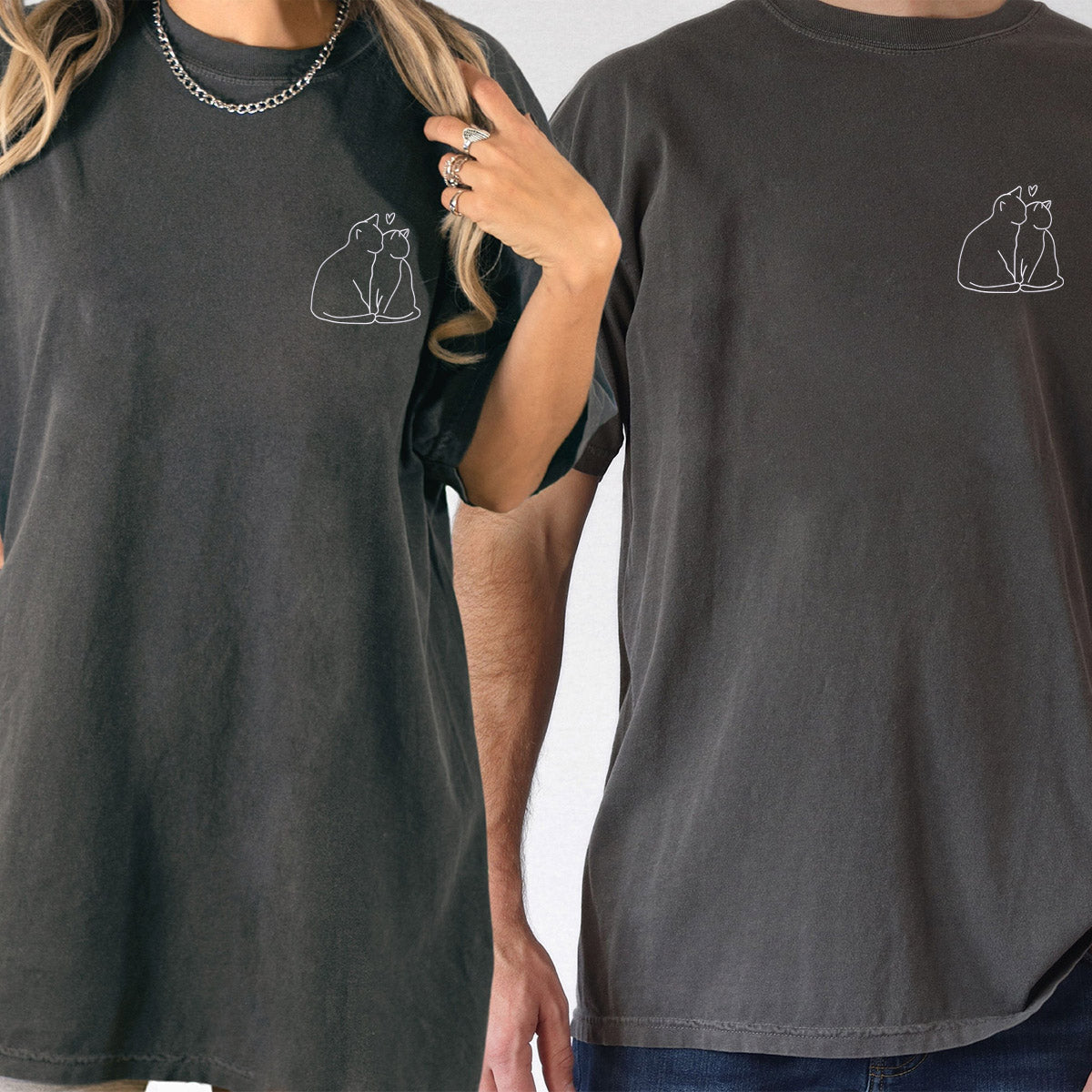 Custom Embroidered Cat Love Matching T-shirts for Couples